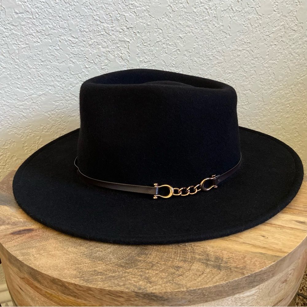 Talbots Black Wool Fedora With Faux Leather/Chain Band